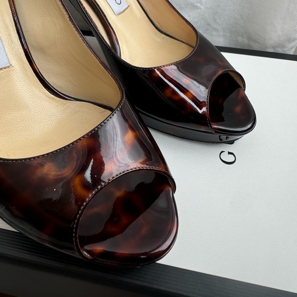 Jimmy Choo Tortoiseshell Patent Leather Peep Toe Heels - Picture 3 of 8